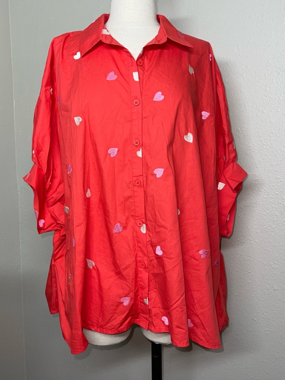 Day + Moon Red Embroidered Hearts Button-Up Oversized top